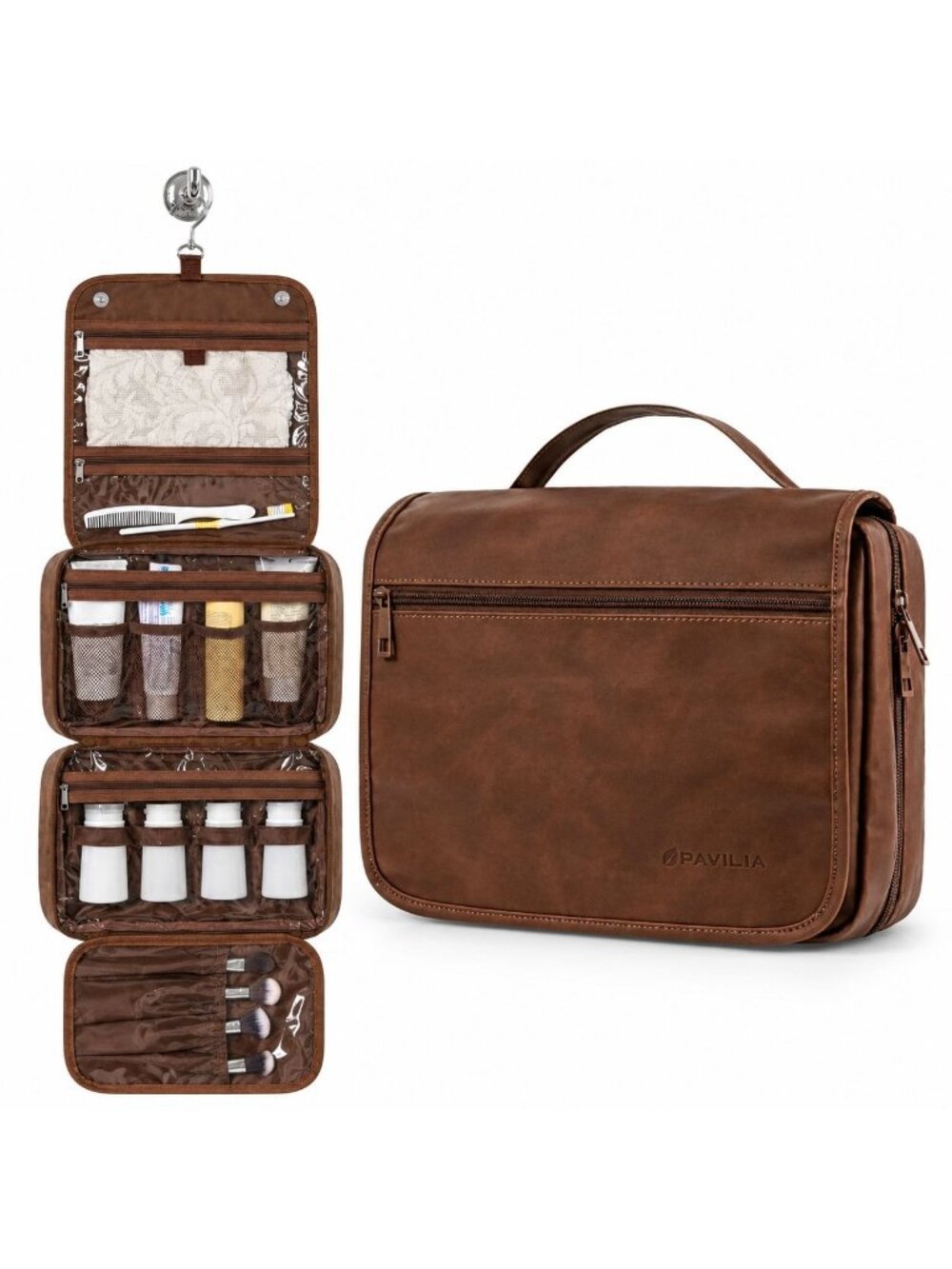 Hanging Toiletry Bag Dark Brown Water Resistant PU Leather Travel Organizer